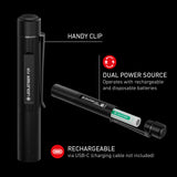 Ledlenser P2R infographic showing the pocket clip, Dual Power and USB-C battery