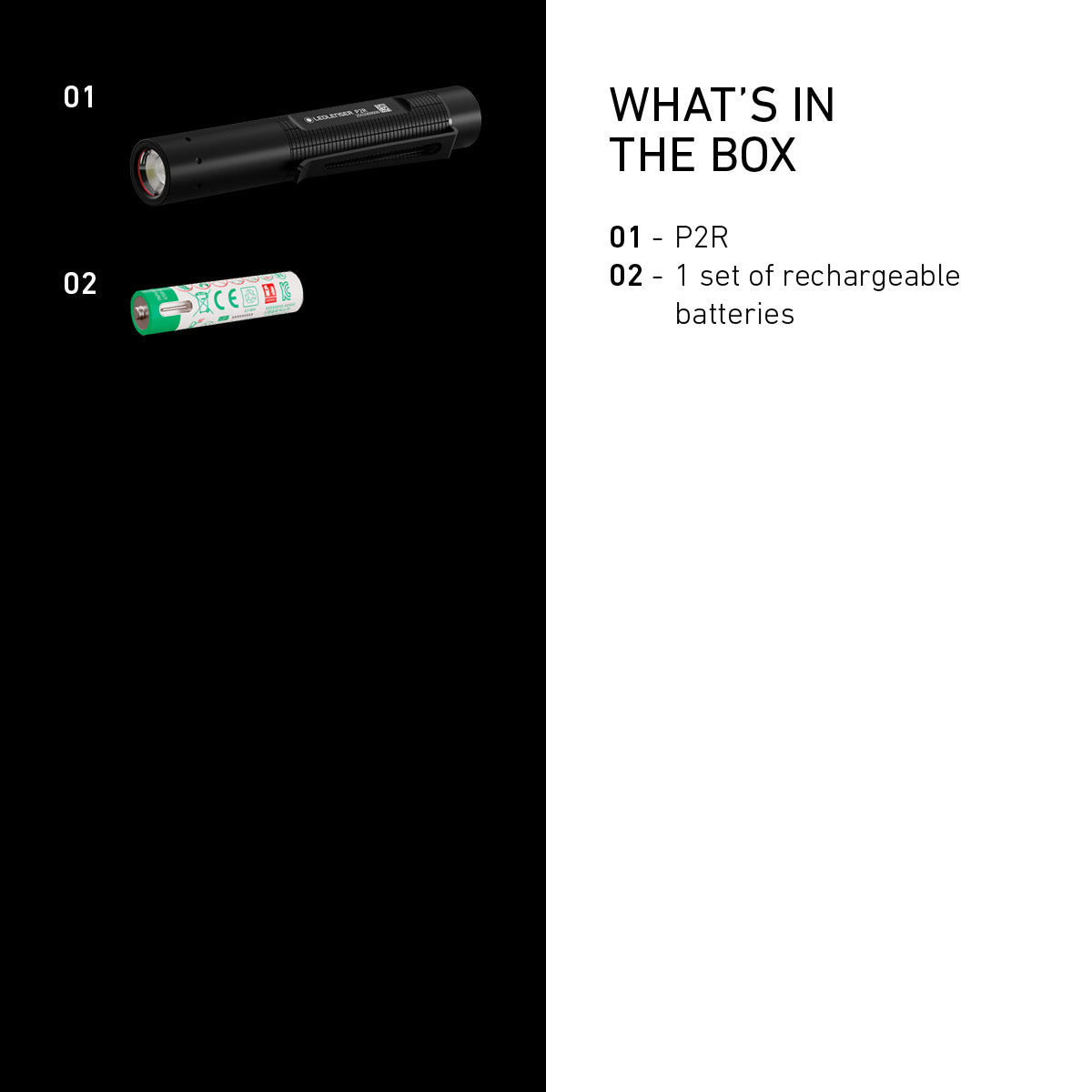 What is in the box with the Ledlenser P2R: pen light and rechargeable battery