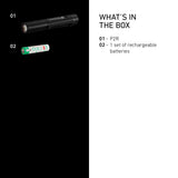What is in the box with the Ledlenser P2R: pen light and rechargeable battery
