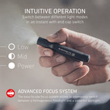 Hand holding the Ledlenser P2R, with its three light modes and focus system
