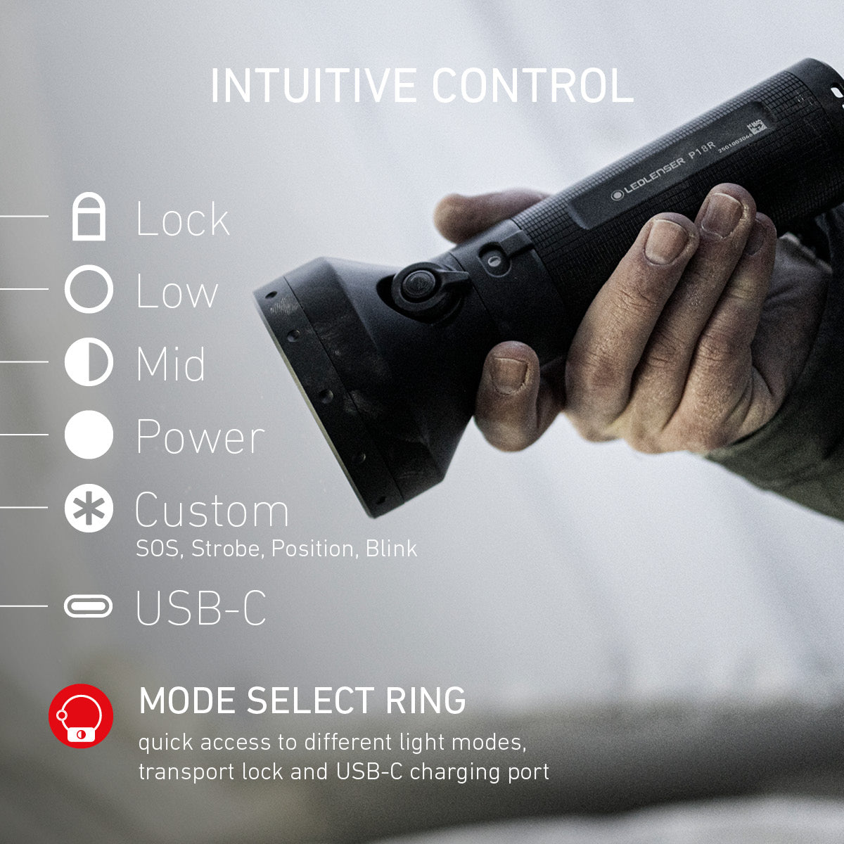 Hand turning the Ledlenser P18R Mode Select Ring, with its light modes listed