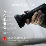 Hand turning the Ledlenser P18R Mode Select Ring, with its light modes listed