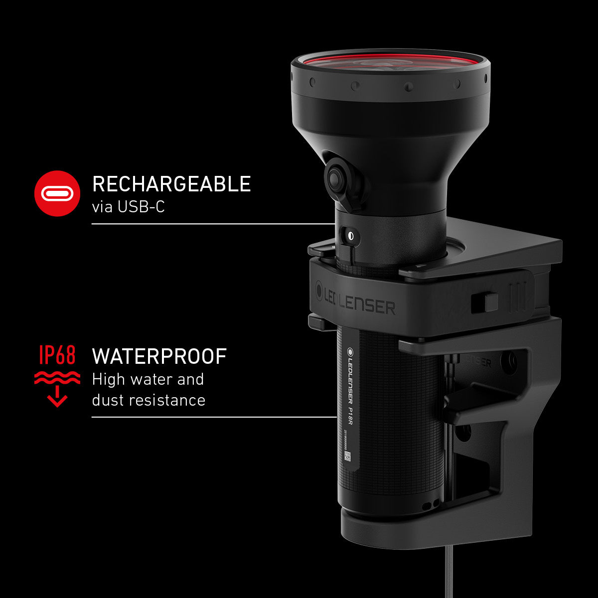 Ledlenser P18R sitting in its charging station, showing IP68 and USB-C charging