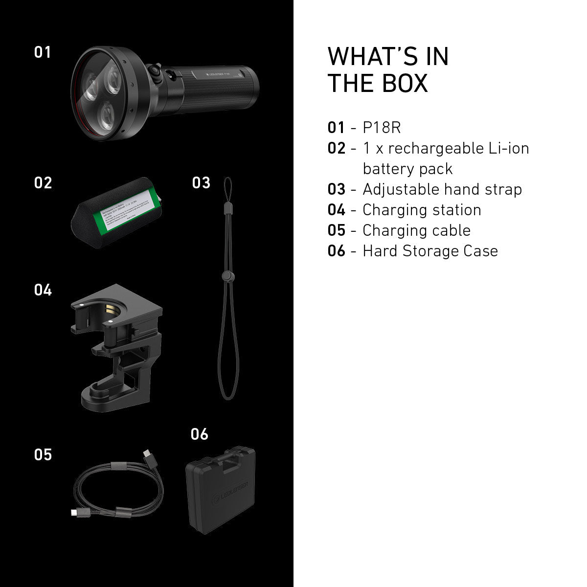 What is in the box with the Ledlenser P18R: torch, battery pack, strap, charging station, cable and case