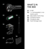 What is in the box with the Ledlenser P18R: torch, battery pack, strap, charging station, cable and case