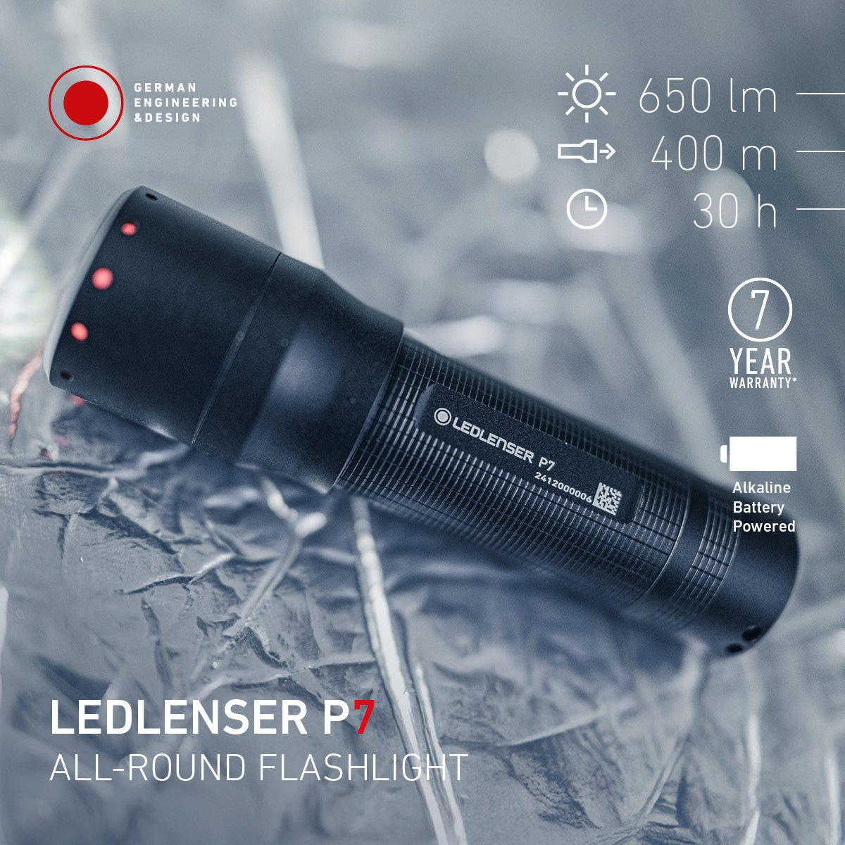 Ledlenser P7 torch lying on frosty ground