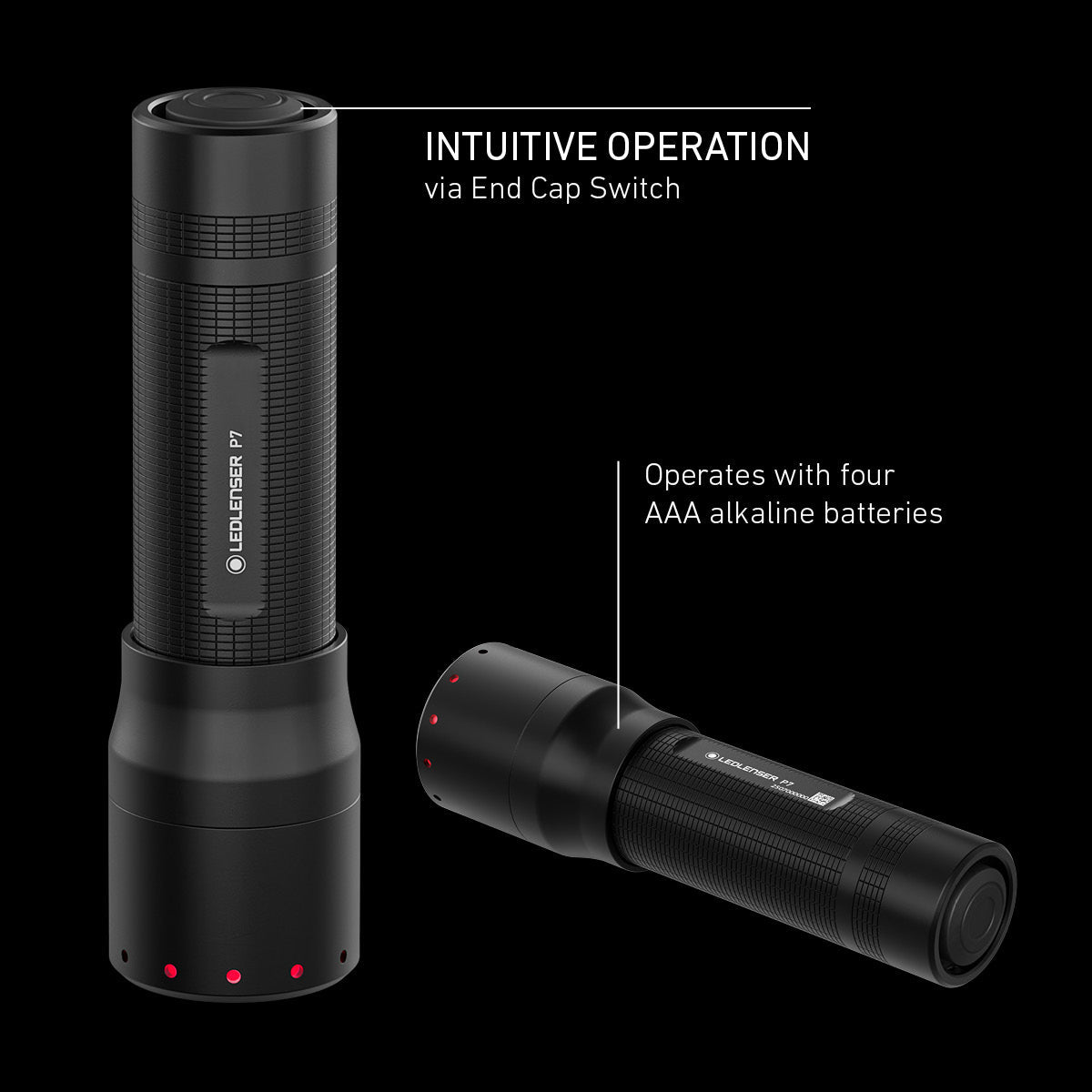 Ledlenser P7 infographic showing the end cap switch and four AAA batteries