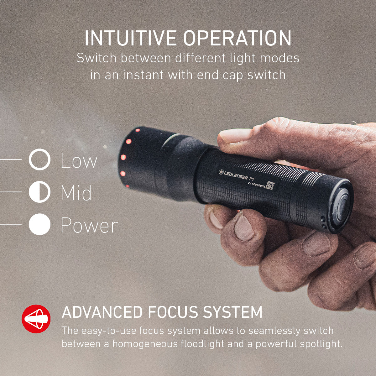 Hand holding the Ledlenser P7, with its three light modes and focus system