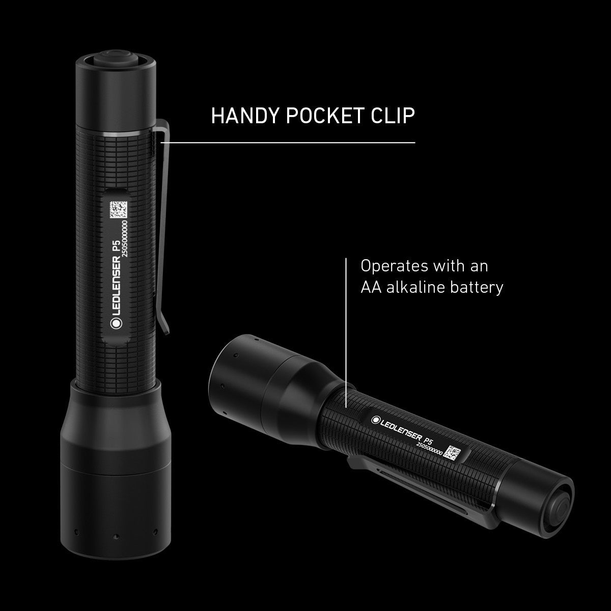 Ledlenser P5 infographic showing the pocket clip and single AA battery