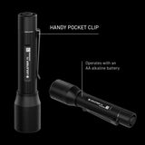 Ledlenser P5 infographic showing the pocket clip and single AA battery