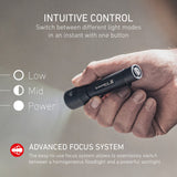 Hand holding the Ledlenser P5, with its one button control and focus system