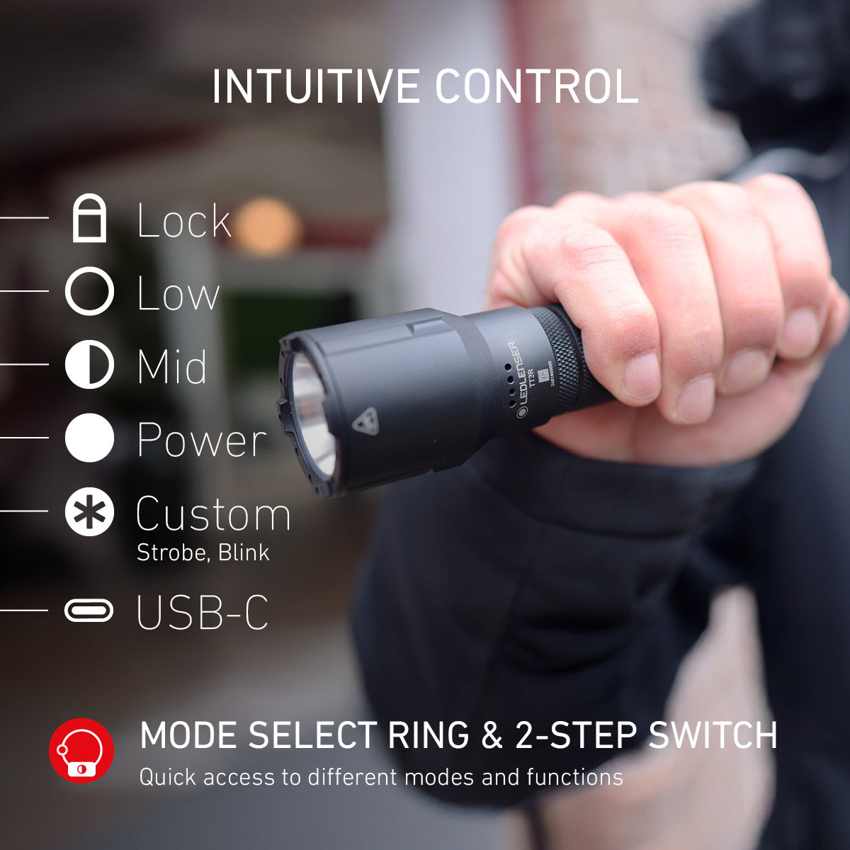 Hand holding the Ledlenser TT3R, with Mode Select Ring positions Lock, Low, Mid, Power, Custom and USB-C