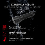 Ledlenser TT3R torch in a splash of water, with IP68, 2 metre impact resistance and operating temperature figures