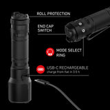 Ledlenser TT3R details: roll protection, end cap switch, Mode Select Ring and USB-C charging port