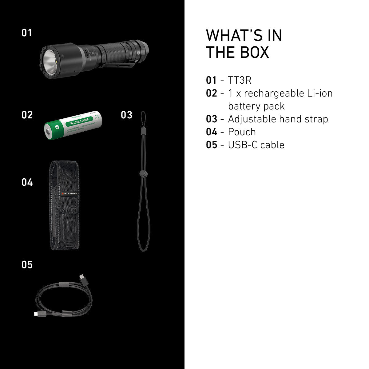 Ledlenser TT3R box contents: torch, rechargeable Li-ion battery, hand strap, pouch and USB-C cable