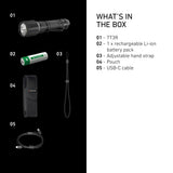 Ledlenser TT3R box contents: torch, rechargeable Li-ion battery, hand strap, pouch and USB-C cable