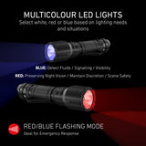 Two Ledlenser TT3R torches shining blue and red light, with uses for each colour and the red and blue flashing mode