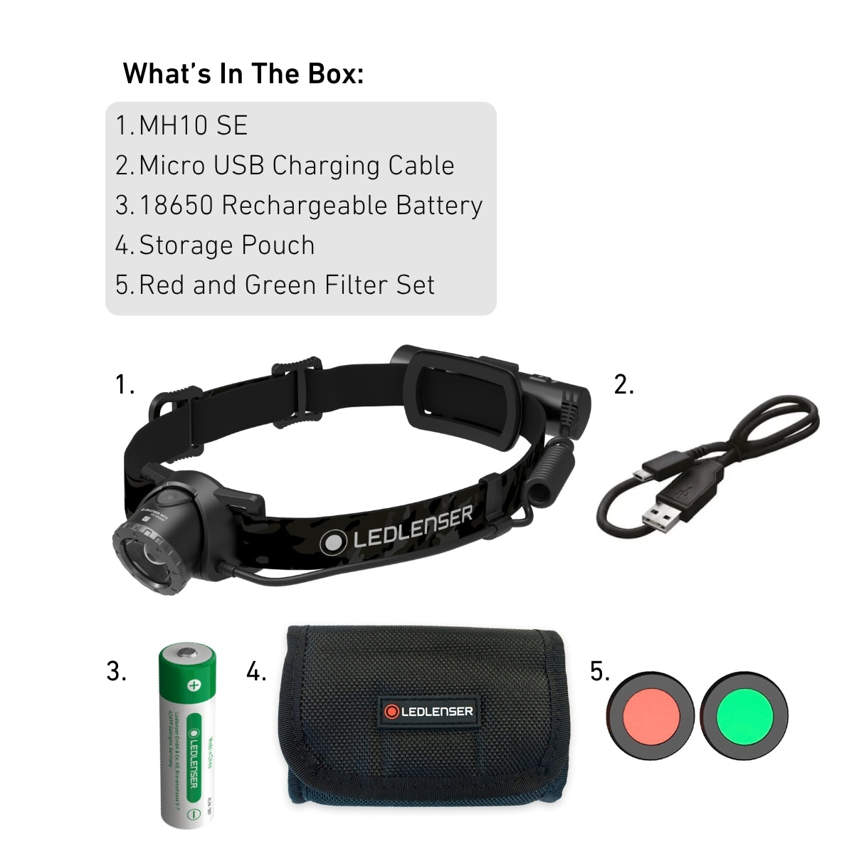 Ledlenser MH10 SE box contents: head torch, Micro-USB cable, 18650 battery, pouch and red and green filters