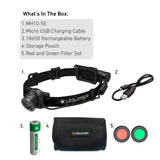 Ledlenser MH10 SE box contents: head torch, Micro-USB cable, 18650 battery, pouch and red and green filters