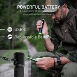 Man reading a map by green light from the Ledlenser TAC7R, with inset showing the USB-C charging port