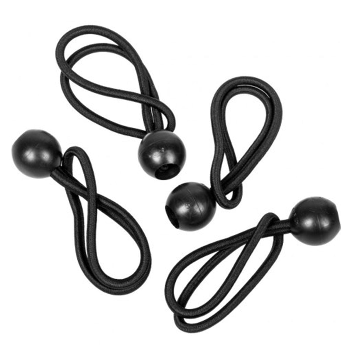 Three black bungee balls with their loops laid out, from the Green S-Grade Tarpaulin with 10 x 4" Bungee Balls (Black)