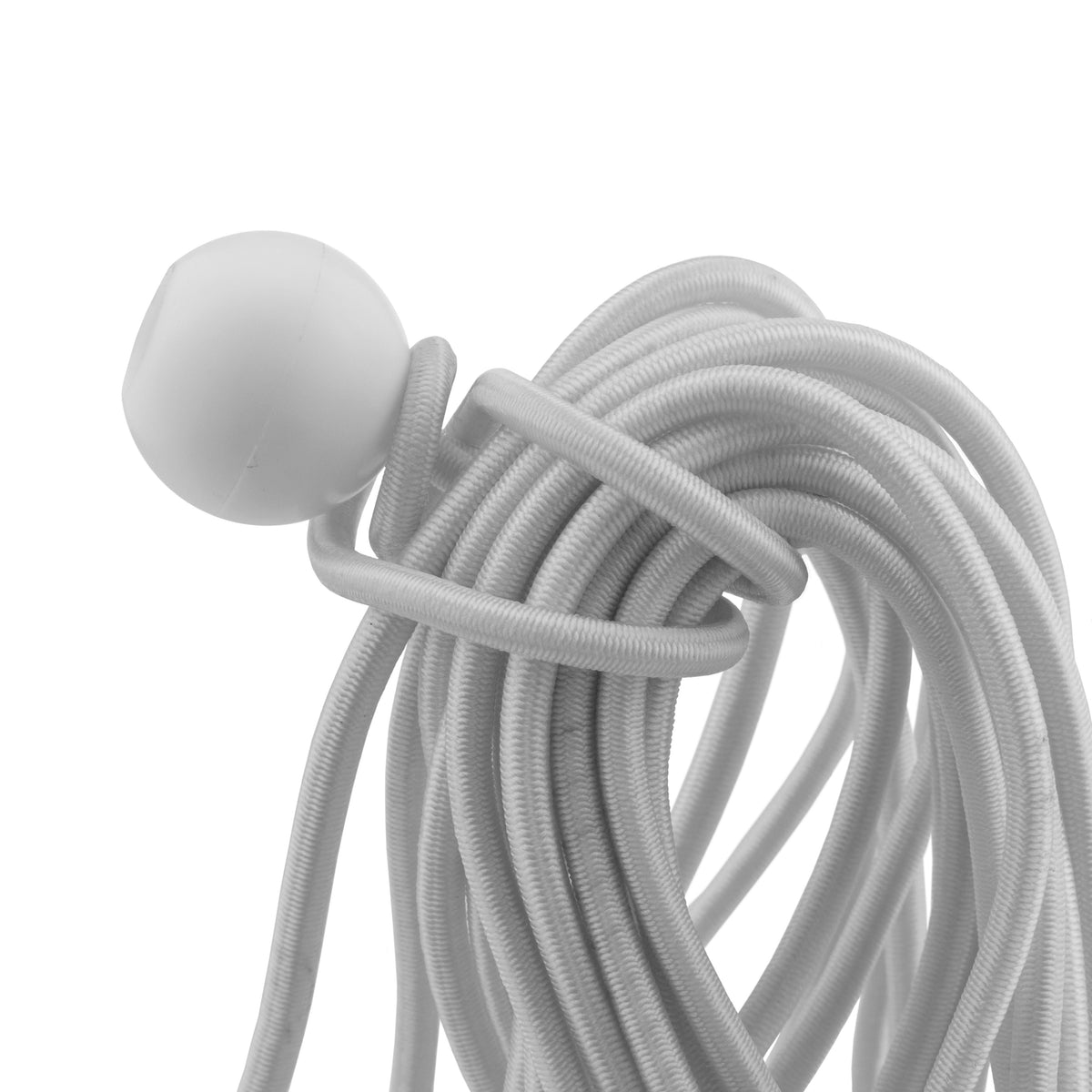 Close-up of a white bungee ball and coiled cord from the Green/Brown L-Grade Tarpaulin with 20 x 6" Bungee Balls (White)