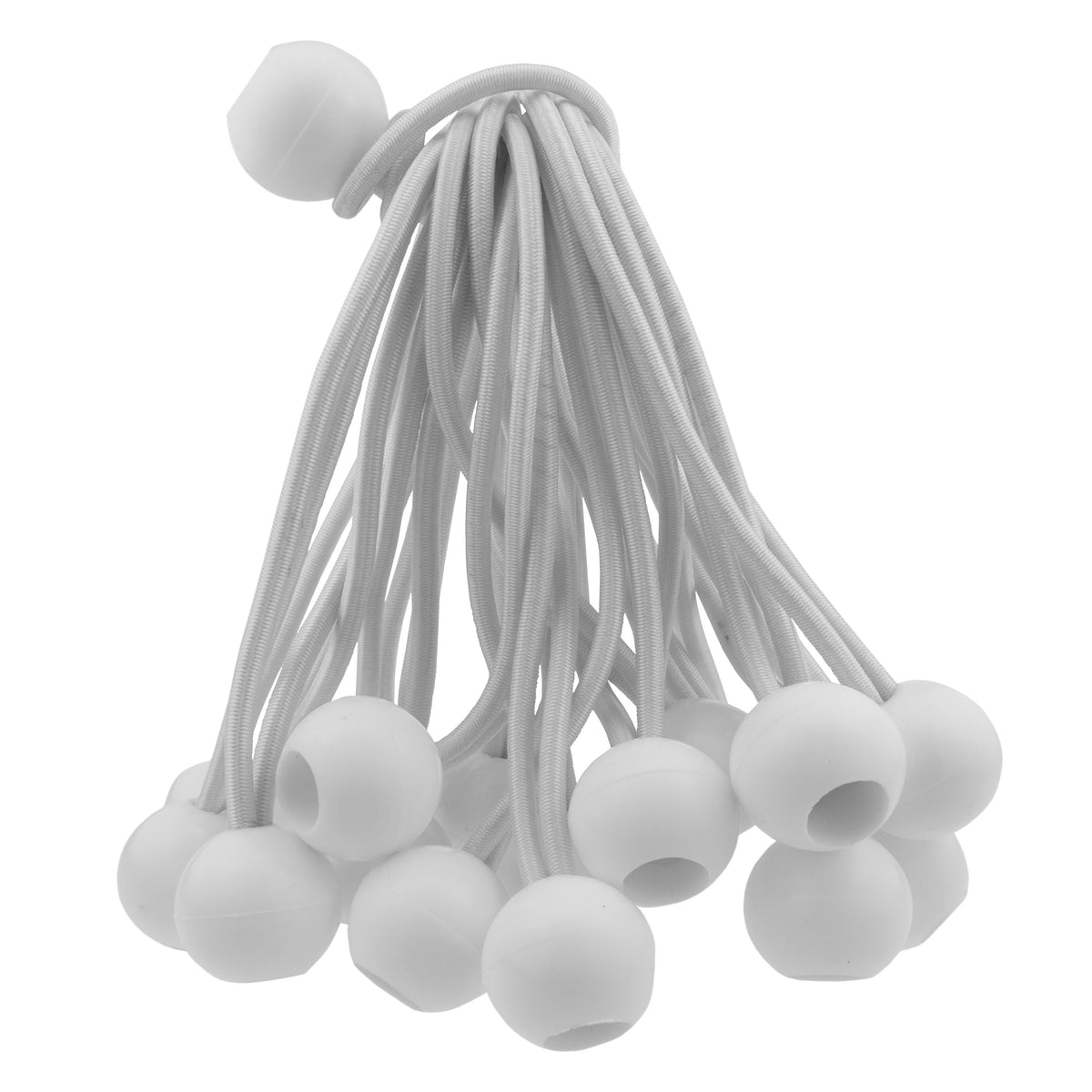 6 inch white bungee balls hanging in a bundle, from the Green/Brown L-Grade Tarpaulin with 20 x 6" Bungee Balls (White)