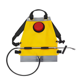 Bush Fire Aqua Backpack in yellow PVC, red filler cap, hose and lance stowed on front