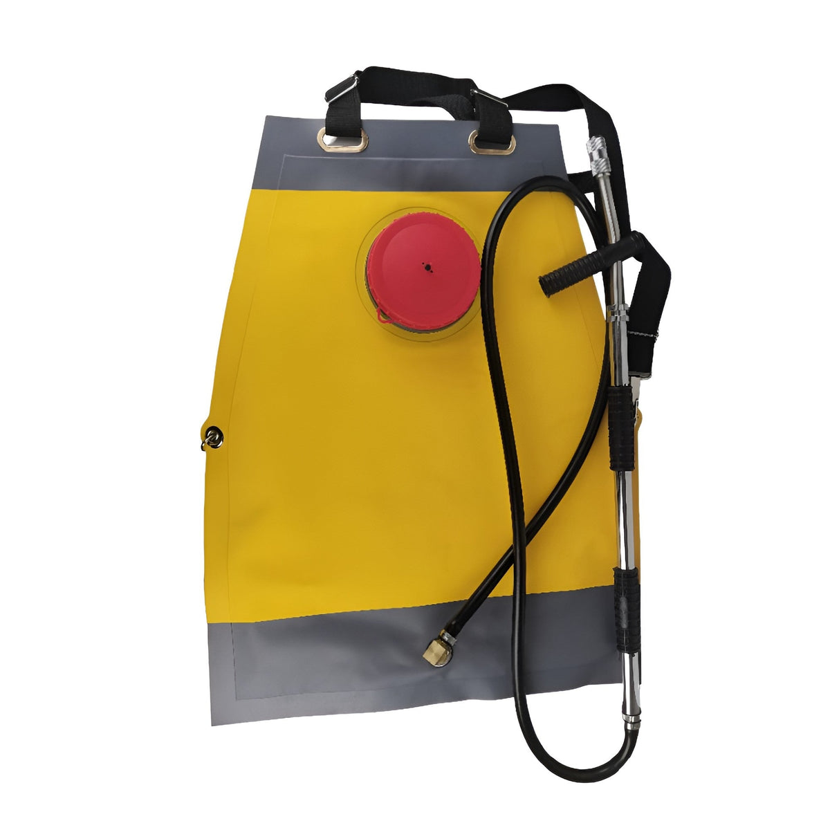 Bush Fire Aqua Backpack front with lance and hose connected, carry handles on top