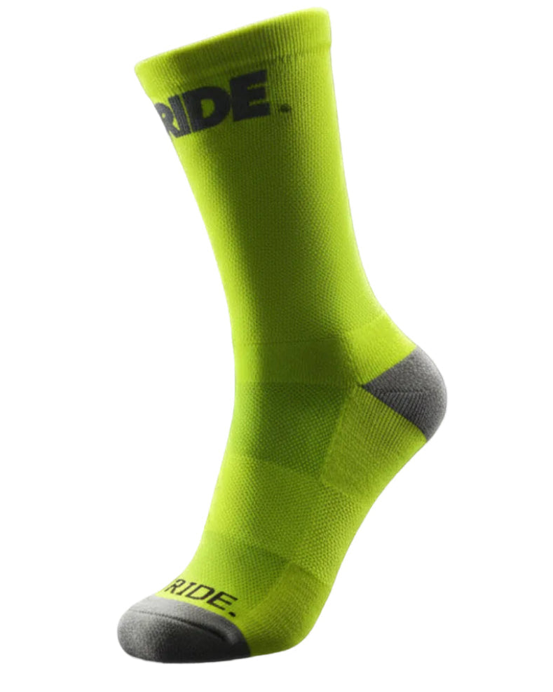 Stride North East Citron Chase running sock in fluorescent yellow with grey heel and toe, side view