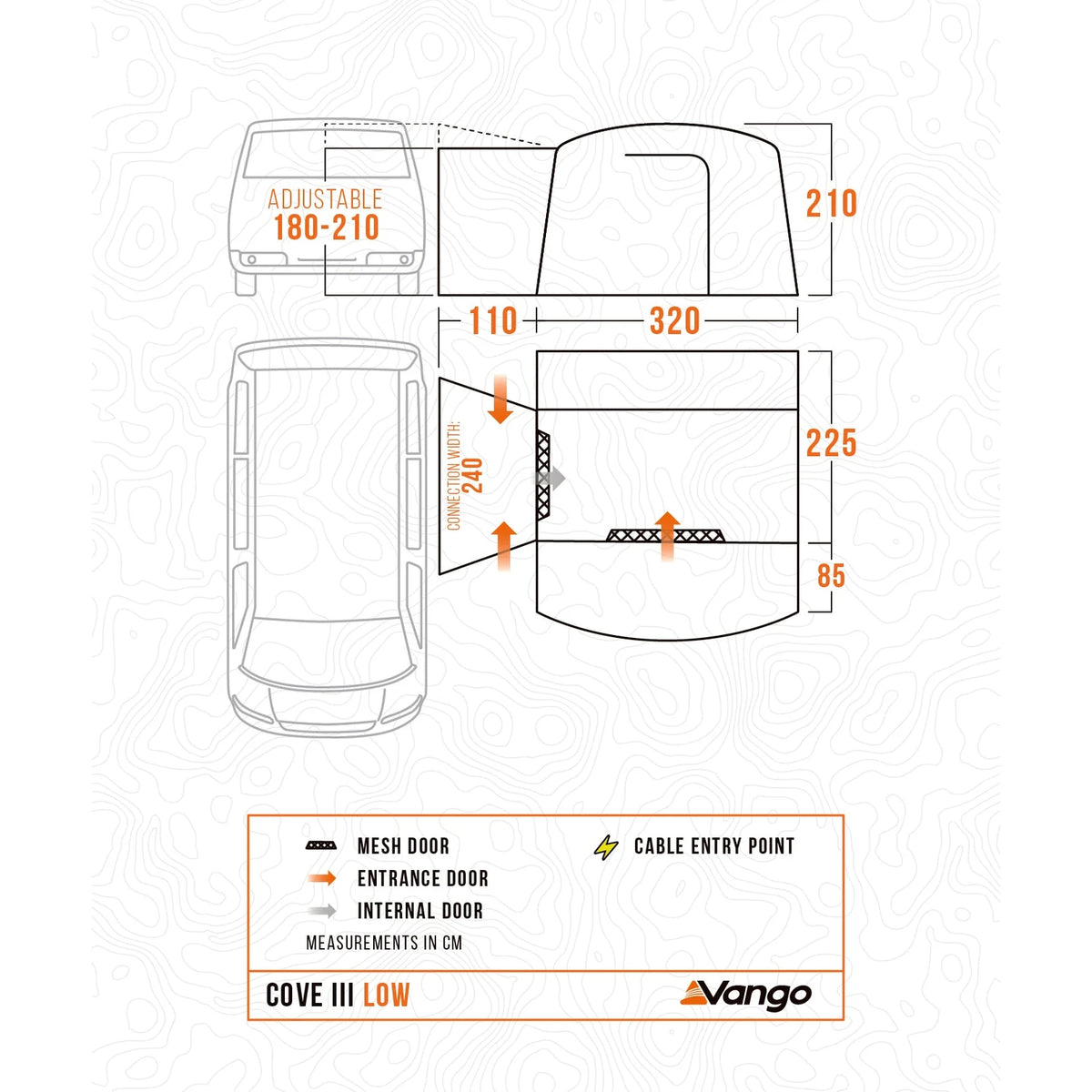 Vango Cove III Low floorplan, 180-210cm attachment height, measurements in cm