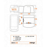 Vango Cove III Low floorplan, 180-210cm attachment height, measurements in cm