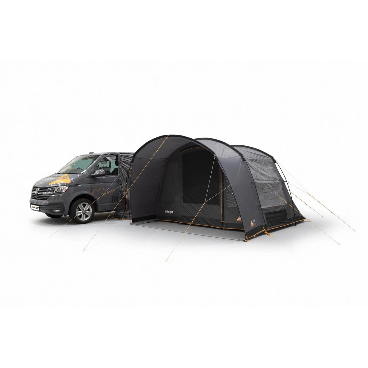 Vango Cove III Low drive away awning in smoke attached to the side of a campervan