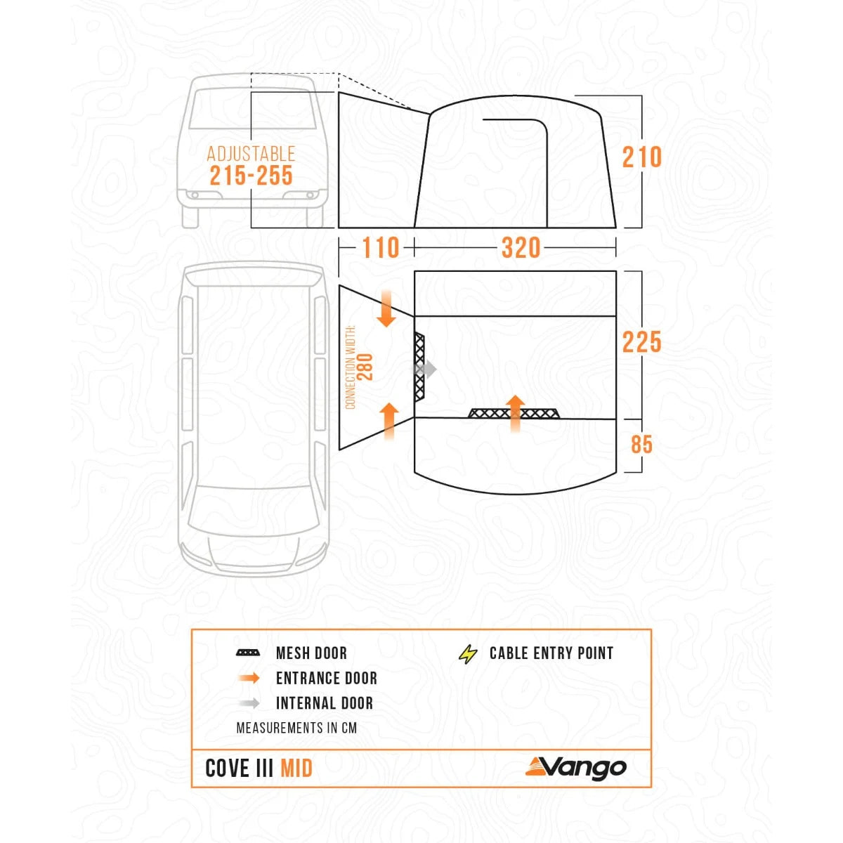 Vango Cove III Mid floorplan, 215-255cm attachment height, measurements in cm