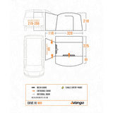 Vango Cove III Mid floorplan, 215-255cm attachment height, measurements in cm