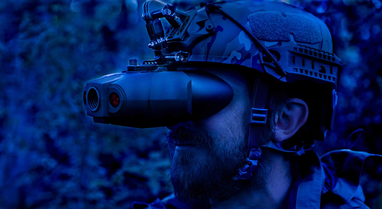 Nightfox Swift Night Vision Goggles - helmet mounted side view