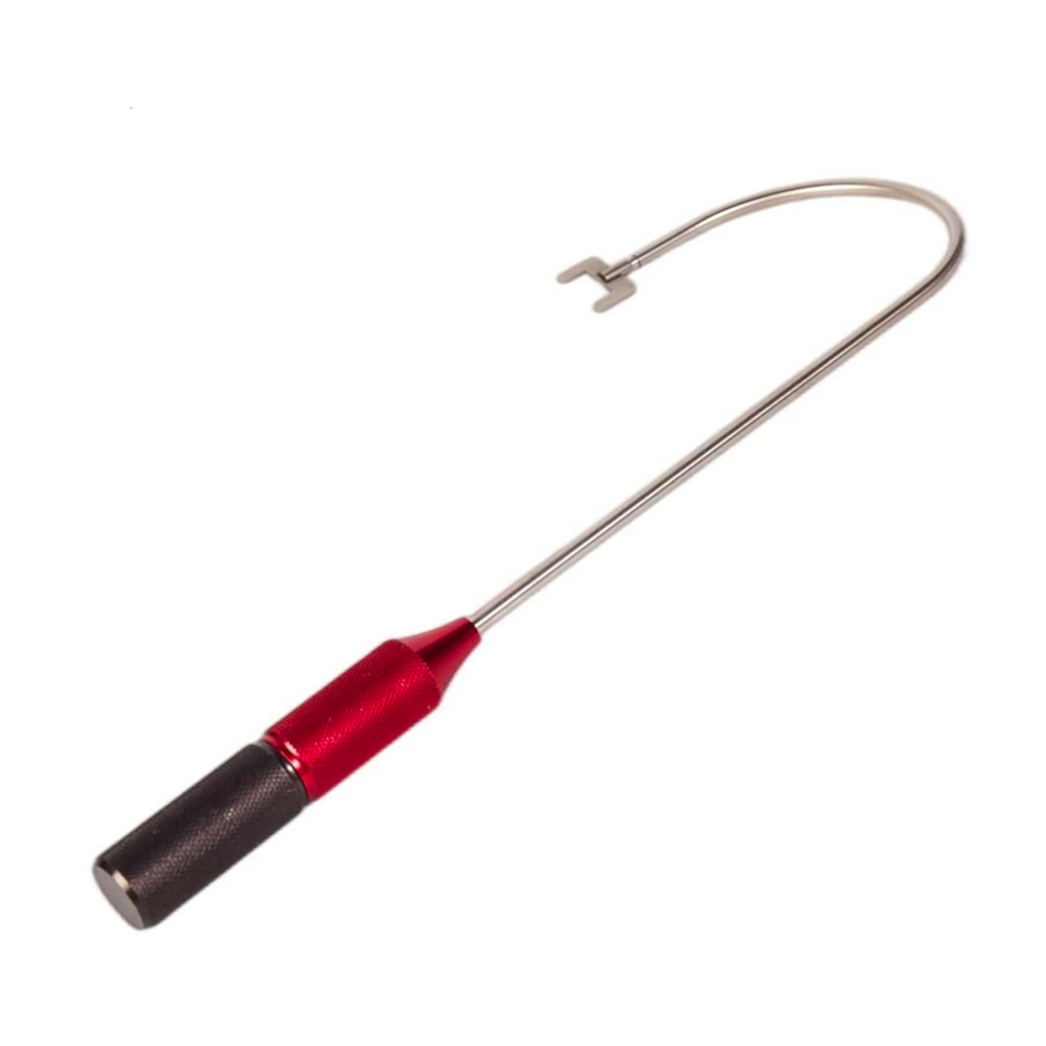 Deadbolt Bypass Tool with red and black knurled handle, hooked rod and forked tip
