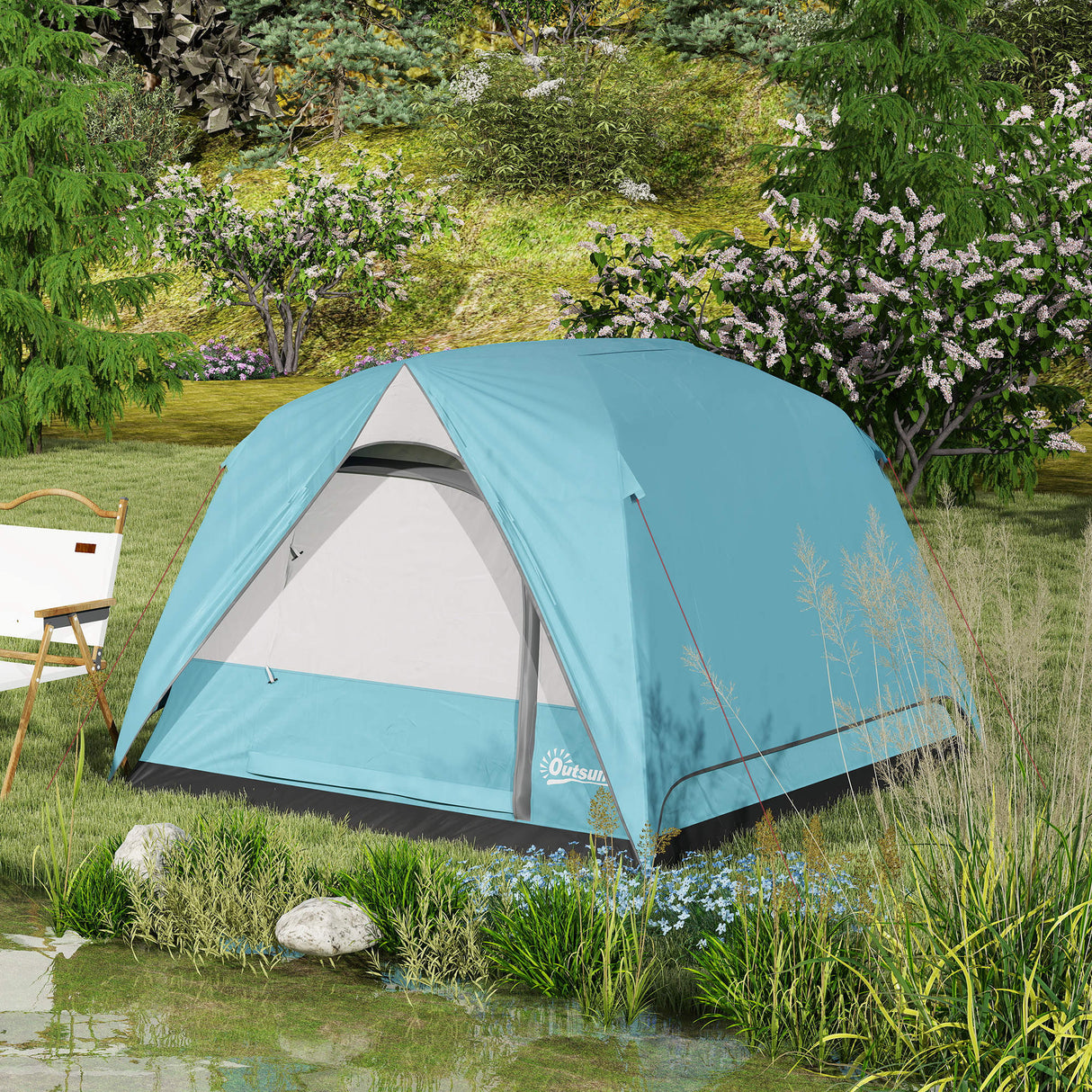 Outsunny 3-4 Person Camping Tent - Navy Blue & Light Blue stakes ropes and accessories