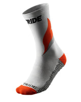 Single Stride Ember Ignite running sock in white with flame graphic, red-orange heel and toe and grey sole