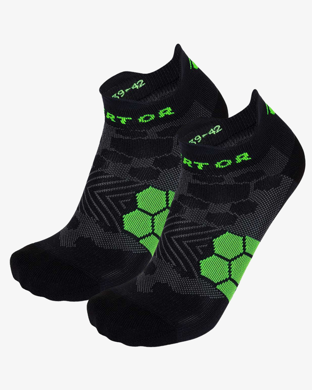 Pair of black Enertor Energy Run low-cut socks with green honeycomb panel