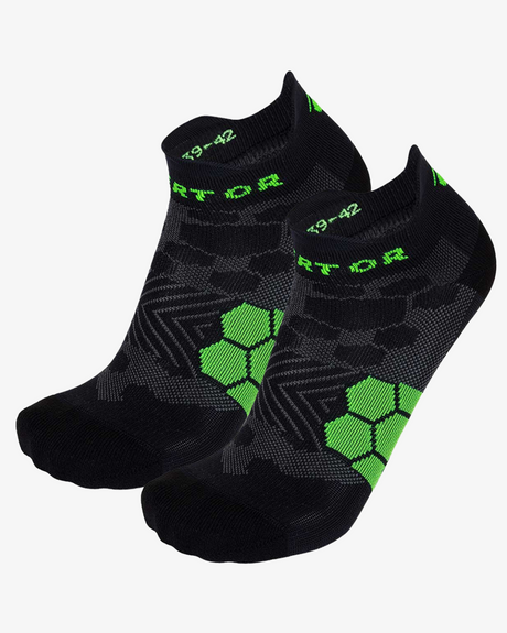 Pair of black Enertor Energy Run low-cut socks with green honeycomb panel