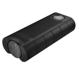 Ledlenser FLEX10 end view showing the twist-lock battery cap with lock and unlock symbols