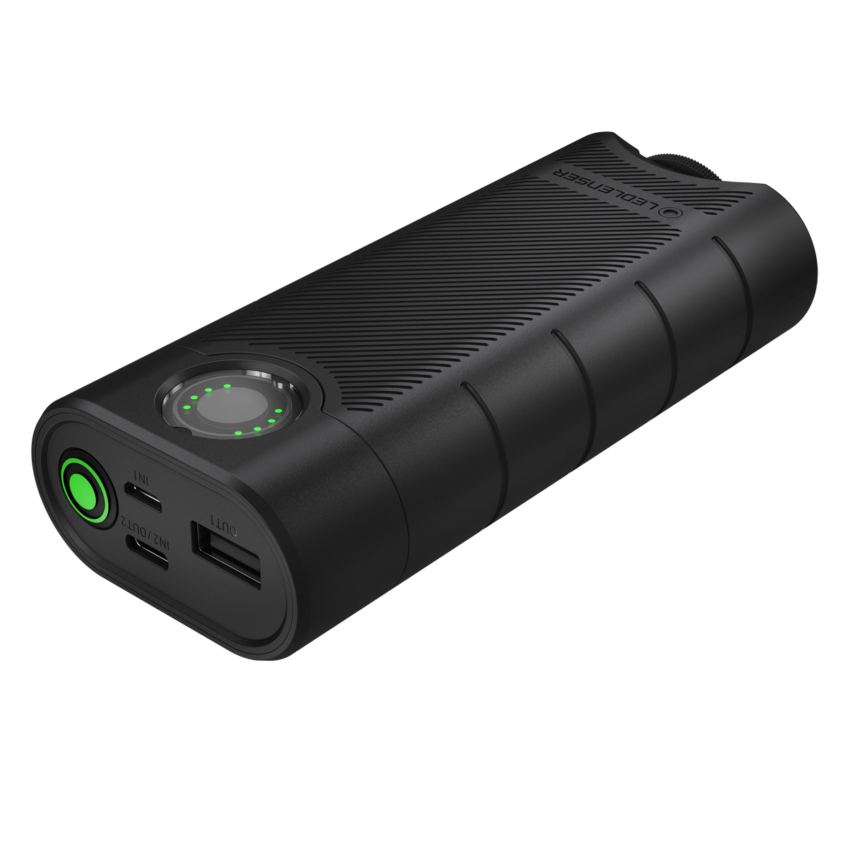 Ledlenser FLEX10 power bank showing its USB-A and USB-C ports, green power button and ring charge display