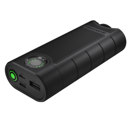 Ledlenser FLEX10 power bank showing its USB-A and USB-C ports, green power button and ring charge display