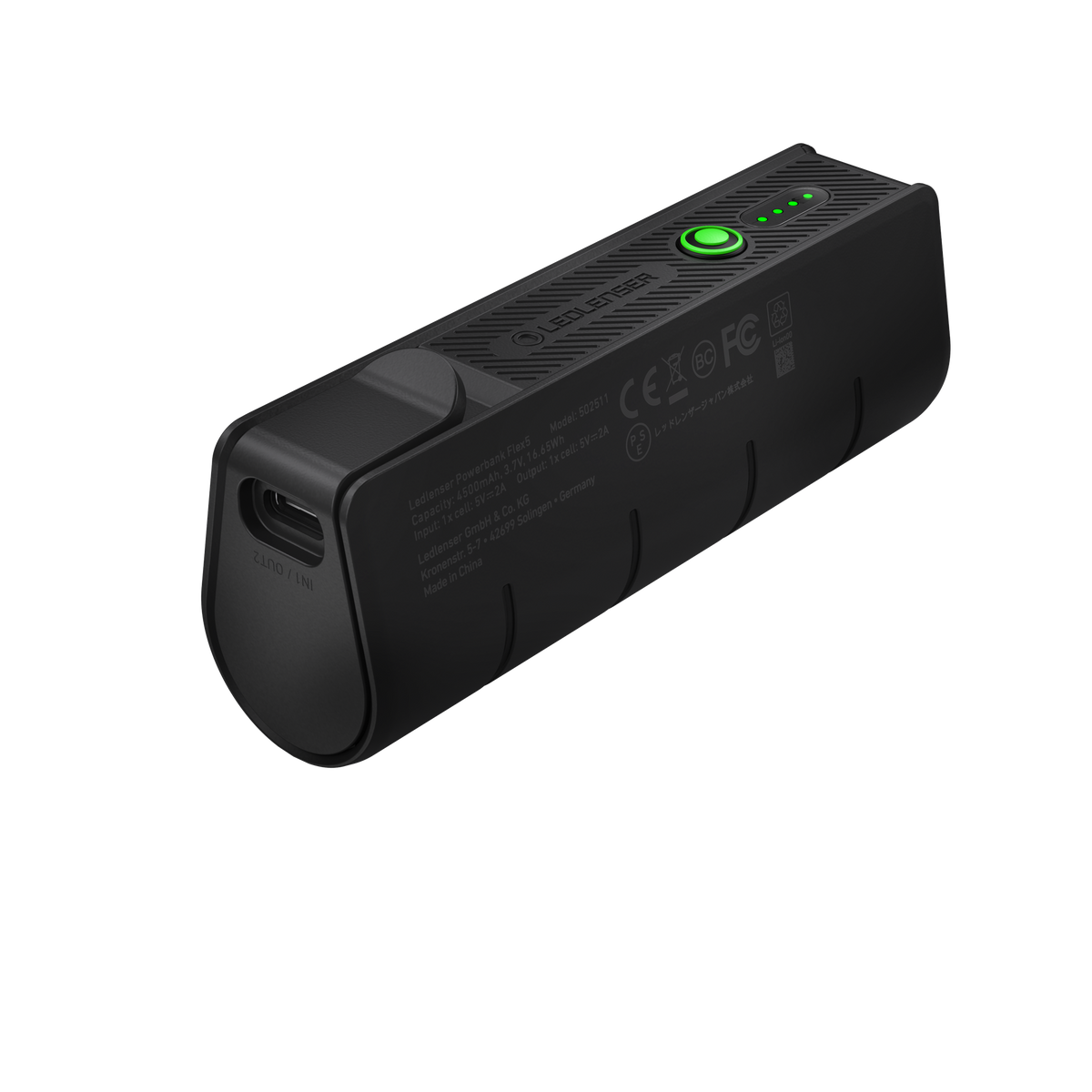 Rear of the Ledlenser FLEX5 power bank showing the USB-C port and printed ratings
