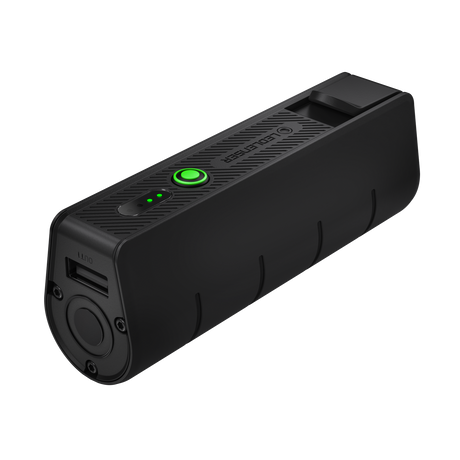 Ledlenser FLEX5 power bank lying flat, showing the USB-A port, green power button and charge level lights