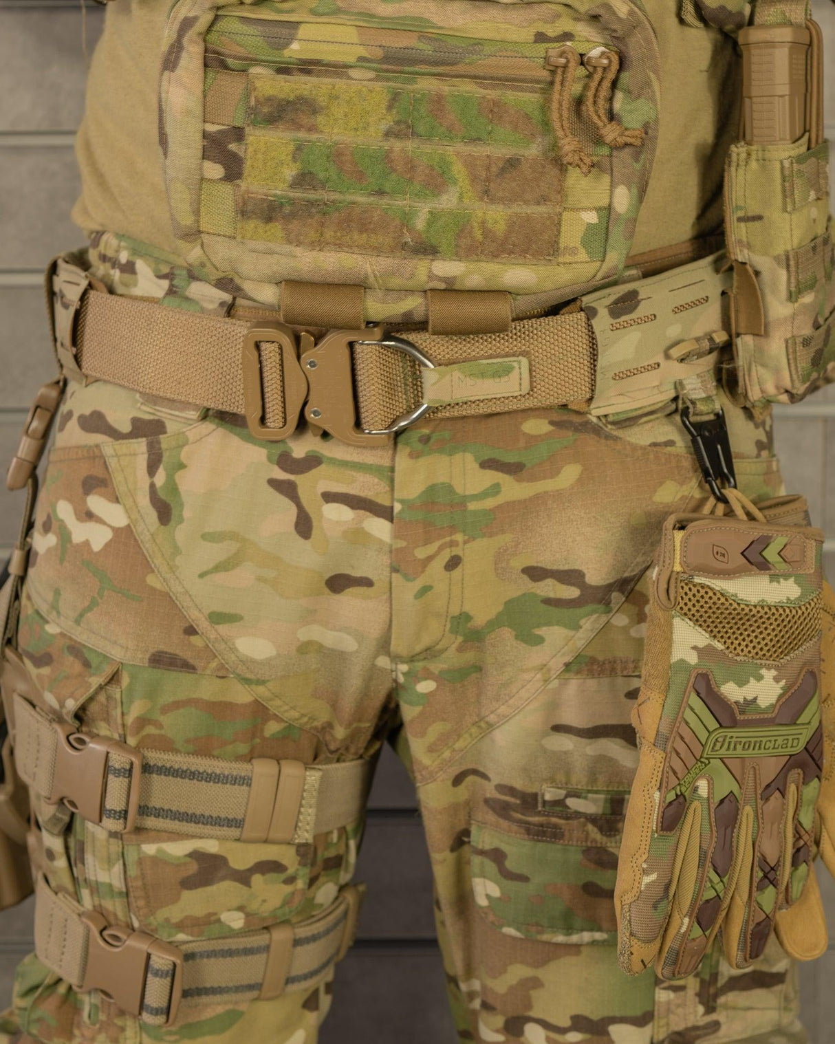 MilSpec Tailor Laser Cut Gen3 War Belt in Crye Multicam from the front while in use