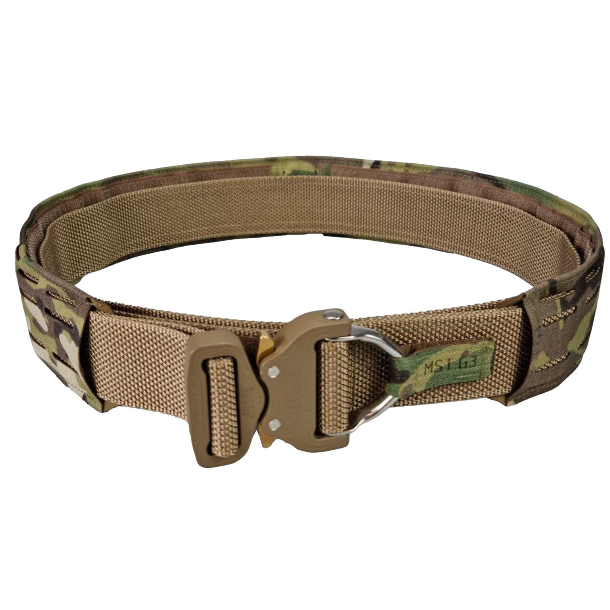 MilSpec Tailor Laser Cut Gen3 War Belt in Crye Multicam from the front left on white background