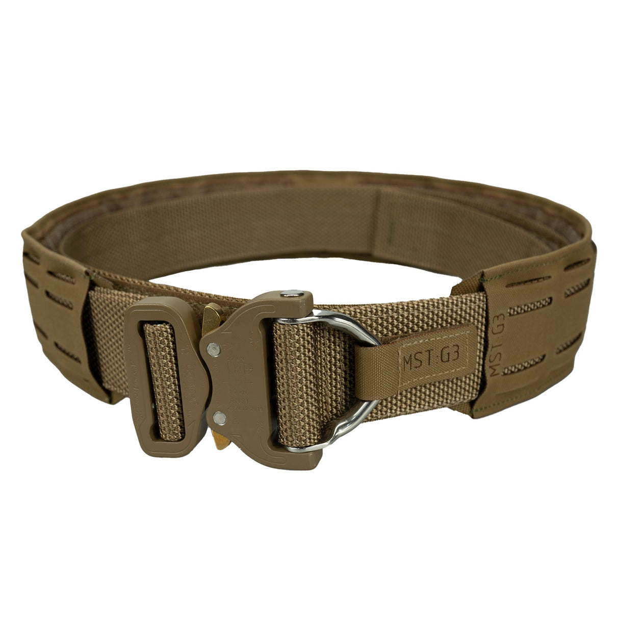 MST Laser Cut Gen 3 War Belt in Coyote Brown from the front on white background