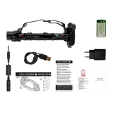 Ledlenser H14R.2 box contents: head torch, battery pack, USB cable, extension cable, plug and paperwork